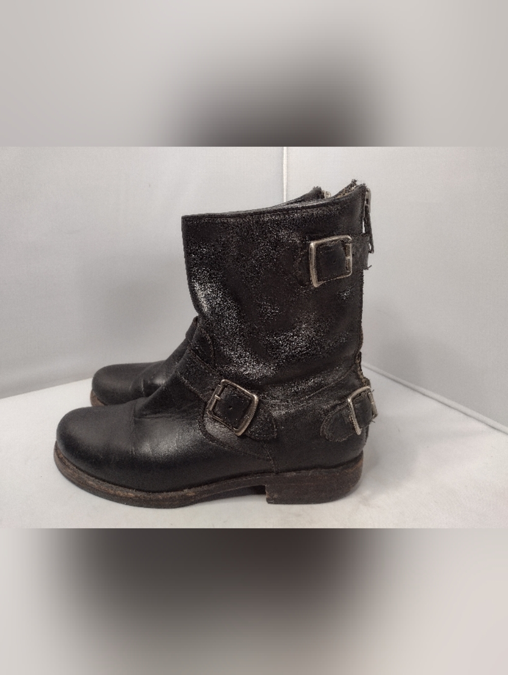 Frye Veronica Short Slouchy Leather Boots Booties Size 7.5 Black Moto Zipper A19